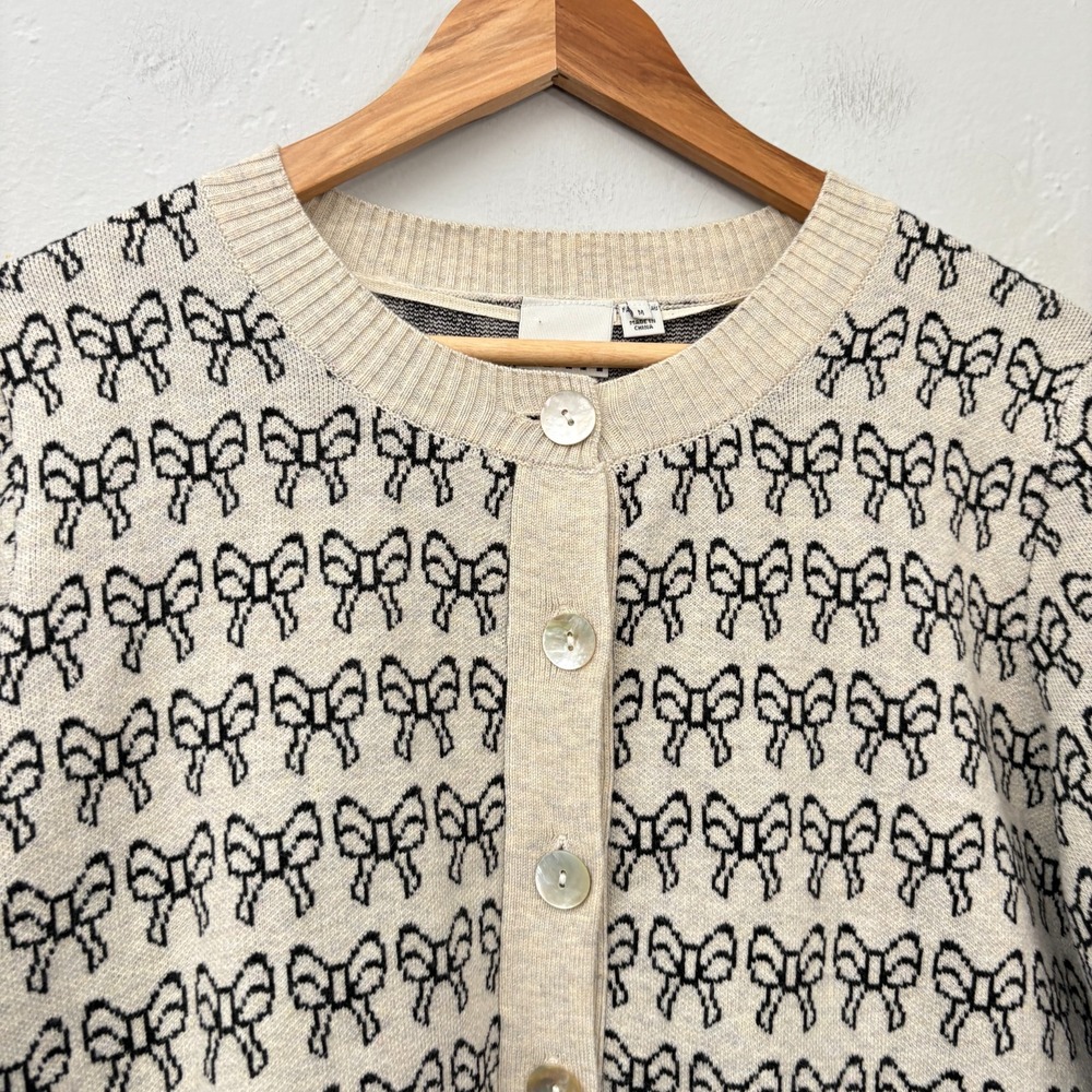 ICHI Ihbrielle Knit Cardigan Women Size Medium Bows Beige Black Button Up - Picture 3 of 15